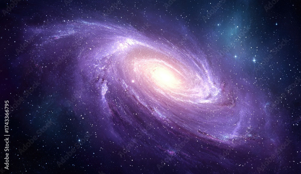 Fototapeta premium Spiral galaxy swirls in vibrant purple and violet hues, set against a dark, starry backdrop