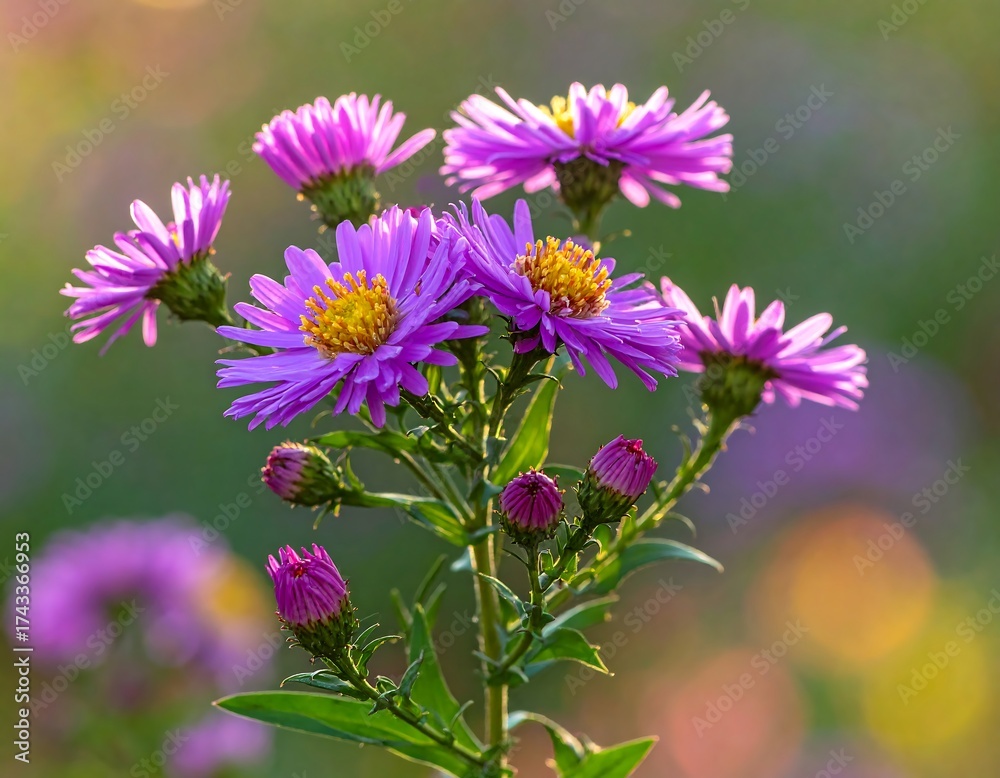 Obraz premium Vibrant cluster of purple asters with bright yellow centers, set against a bokeh background