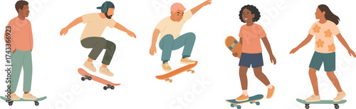 Skateboarding action with young people performing tricks outdoors, full of energy and fun.