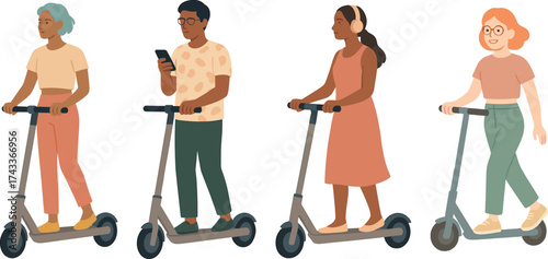 A group of people riding electric scooters in a modern urban environment, showcasing convenience, mobility, and eco-friendly transportation for a young, active lifestyle.