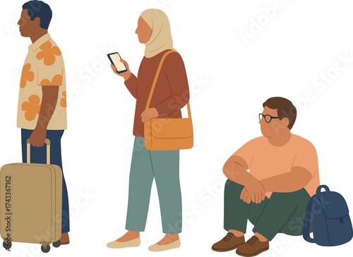 People waiting at a transportation hub, with one holding luggage, another checking their phone, and one sitting, reflecting a modern travel scene.
