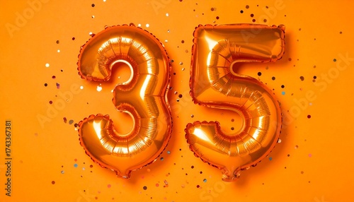 Orange balloon number 35 with confetti on solid colored background. Photo for anniversary or birthday party