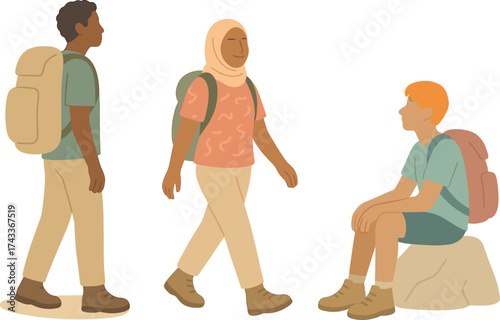 People hiking with backpacks in nature, one walking, another resting on a rock, and a third walking, representing adventure and outdoor activity.