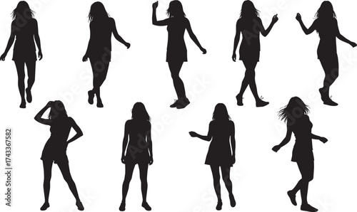 Female dancer silhouette set, expressive black vector poses with flowing dress, movement, rhythm, gesture, animation reference for design, fashion, and illustration