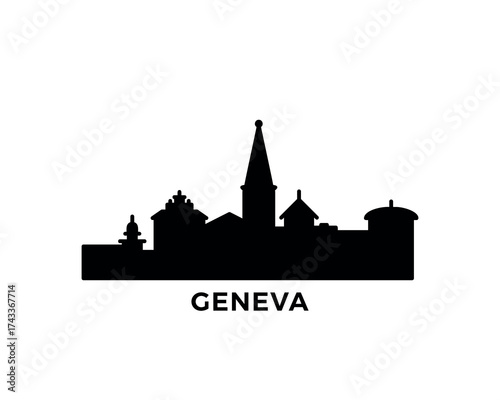 Geneva skyline, horizon logo. Panorama of Switzerland city icon with landmarks, cathedral, lakeside, downtown. Isolated black graphic, vector clipart