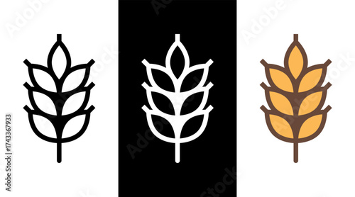 Wheat icon in different style: line black, white and flat colorful.
