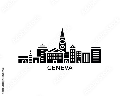 Geneva skyline, horizon logo. Panorama of Switzerland city icon with landmarks, cathedral, lakeside, downtown. Isolated black graphic, vector clipart