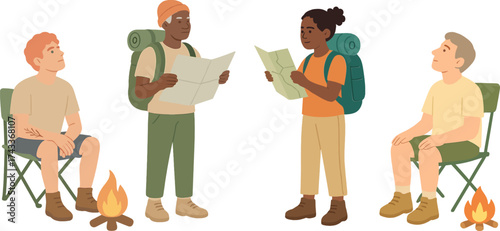 People on a camping trip, reading maps, sitting around a campfire, and preparing for an adventure in the great outdoors.