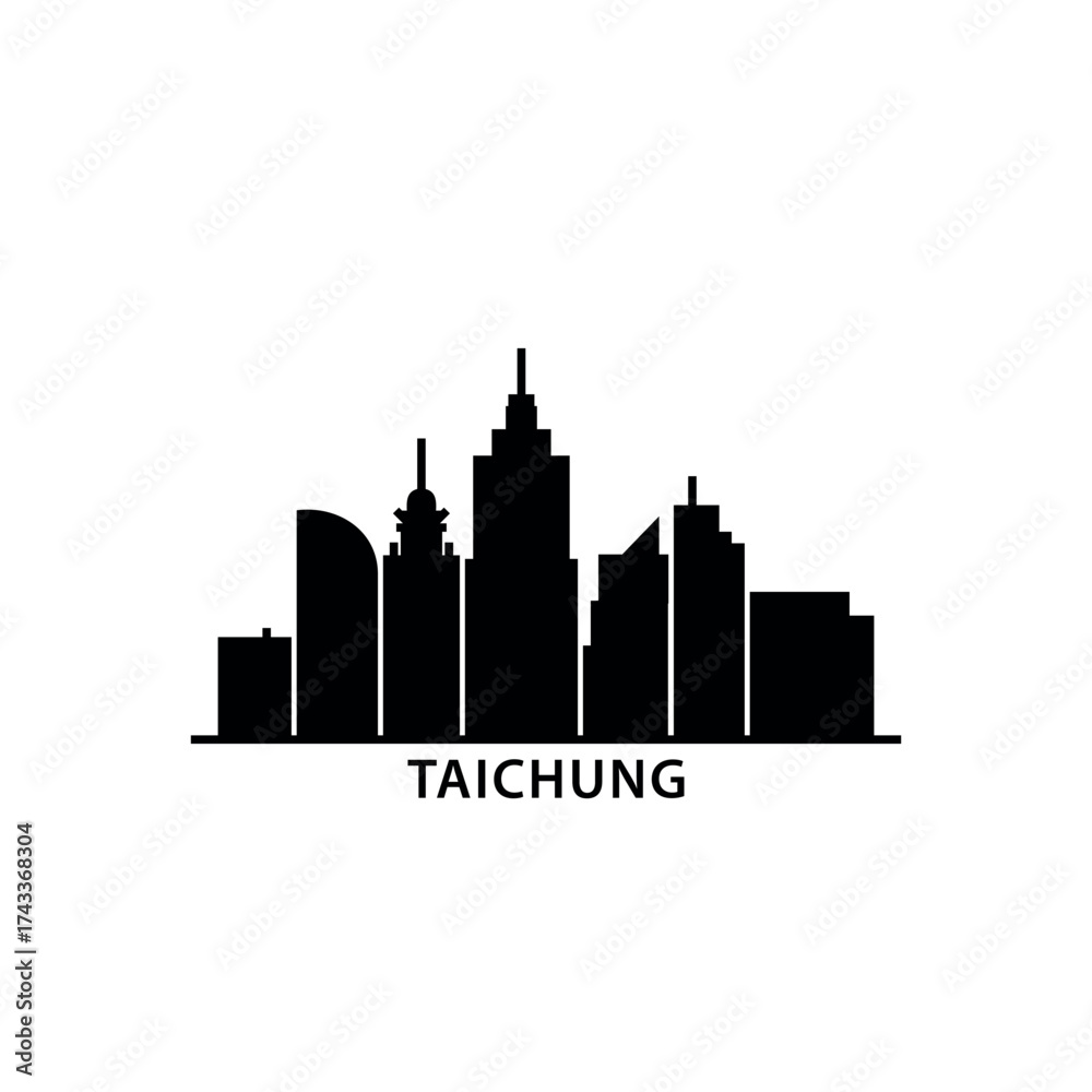 Obraz premium Taichung skyline, horizon logo. Panorama of Taiwan city icon with landmarks, skyscrapers, buildings, downtown. Isolated black graphic, vector clipart