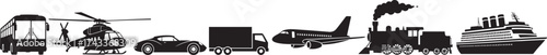 Transportation, silhouette, vehicle, bus, car, truck, train, airplane, helicopter, ship, cruise, travel, black, white, graphic, icon, motion, journey, transport, mode, collection, illustration