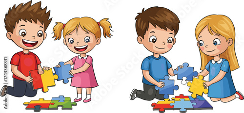 Cartoon children assembling puzzle pieces, teamwork activity, boy and girl pairs, colorful learning scene, problem solving, playful educational illustration