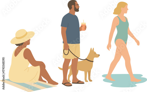 People enjoying a day at the beach, walking with a dog, relaxing in the sun, and strolling along the shoreline.