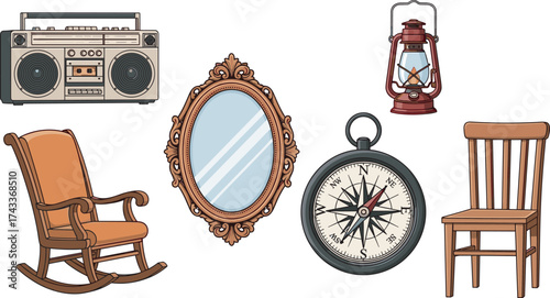 Vintage, boombox, rocking, chair, mirror, lantern, compass, furniture, retro, classic, antique, navigation, audio, flame, wood, metal, home, decor, collectible, stylized, illustration, object