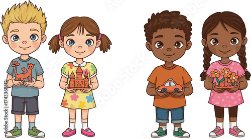 Cartoon children holding creative objects, diverse characters, toy models and crafts, playful activity, colorful outfits, educational theme, cheerful illustration