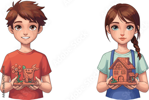 Cartoon children holding clay models, boy and girl characters, creative sculpture display, colorful handmade crafts, imaginative playtime, educational illustration