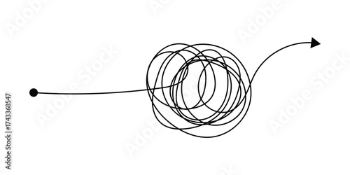 Messy lines. Complicated scribble path, messy tangle, doodle knot as thought from complex to easy solution. Confused brain problems. Labyrinth and chaos vector concepts vector illustration in eps 10.