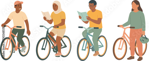 People cycling outdoors, some reading maps while riding, enjoying a bike ride with helmets and casual clothing.