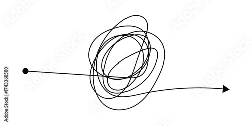 Messy lines. Complicated scribble path, messy tangle, doodle knot as thought from complex to easy solution. Confused brain problems. Labyrinth and chaos vector concepts vector illustration in eps 10.