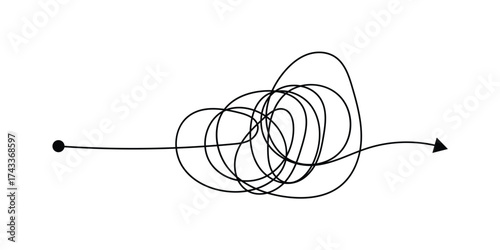 Messy lines. Complicated scribble path, messy tangle, doodle knot as thought from complex to easy solution. Confused brain problems. Labyrinth and chaos vector concepts vector illustration in eps 10.