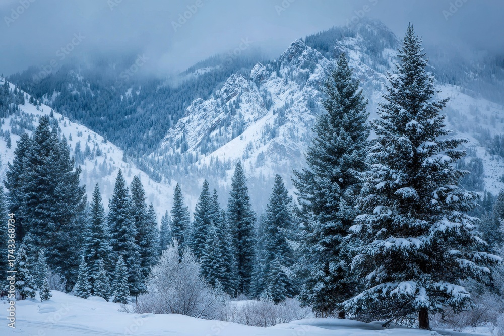Fototapeta premium Snowy Mountains Idaho. Winter Wonderland Landscape with Snow-Covered Trees near Ketchum