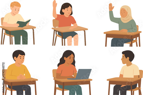 Children in a classroom, some reading, others raising hands, using laptops, and interacting with their desks in different study situations.