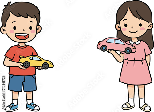 Cartoon children holding toy cars, boy and girl characters, yellow and pink vehicles, cheerful playtime, imaginative activity, colorful childhood illustration