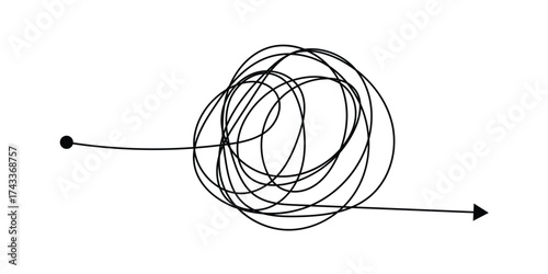 Messy lines. Complicated scribble path, messy tangle, doodle knot as thought from complex to easy solution. Confused brain problems. Labyrinth and chaos vector concepts vector illustration in eps 10.