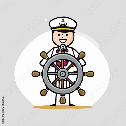 A cheerful cartoon sailor standing behind a ship's steering wheel with a white background and a circular shadow.