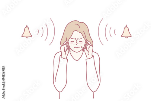 Stressed woman close ear suffer from loud noise. Unhappy girl avoid noisy bells ringing. Vector illustration.