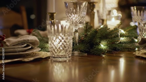 Elegant Christmas dining table setup with fir branches, candles and crystal glasses