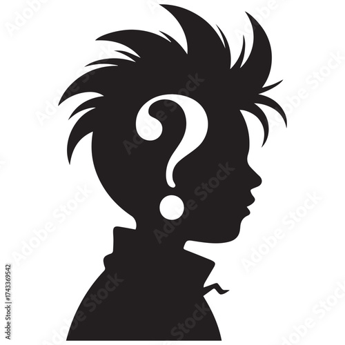 Mysterious person with spiky hair and question mark silhouette