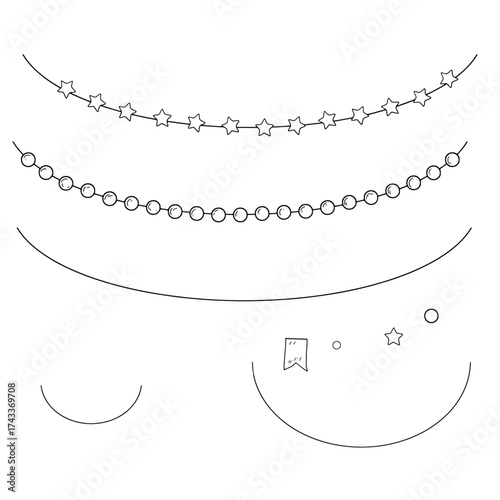 A garland of balls and a garland creation kit, sketch. Vector illustration. Flags, threads of different silhouettes, isolated on a white background. Birthday, Christmas, New Year and holidays theme