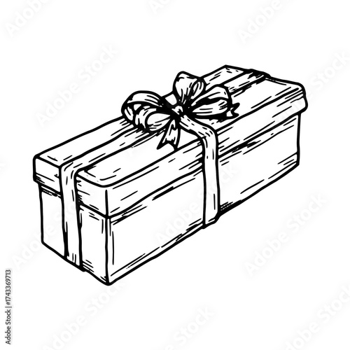Gift box with a bow, black and white sketch. Vector illustration. Festive packaging, insulated on a white background. Birthday, Christmas, New Year and holidays theme