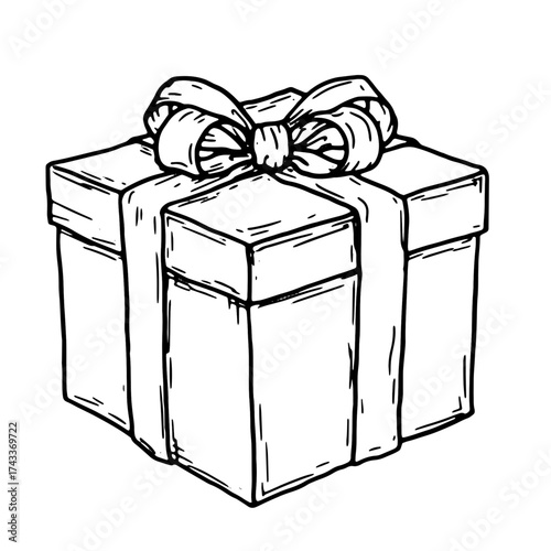 Gift box with a bow, black and white sketch. Vector illustration. Festive packaging, insulated on a white background. Birthday, Christmas, New Year and holidays theme