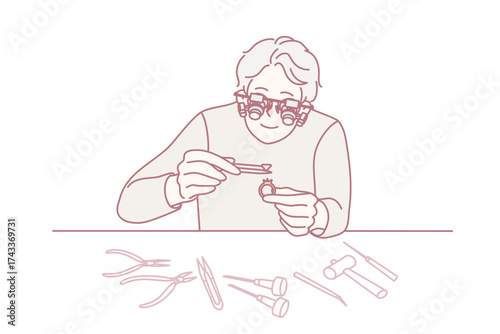 Jeweler in glasses working with rings and diamonds. Old man work with gems for jewelry at workplace. Vector illustration.