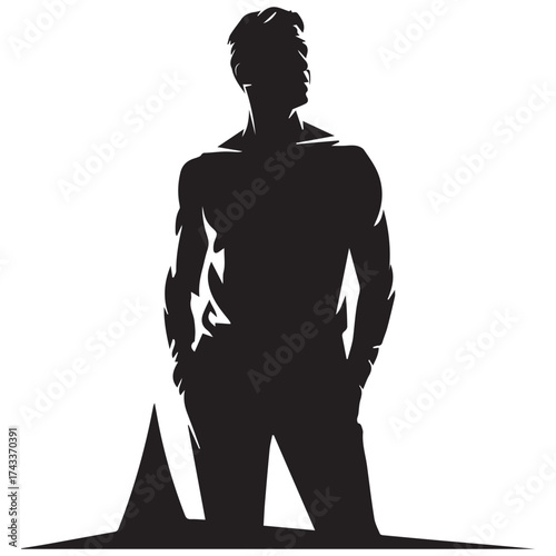 Strong man standing confidently in dramatic silhouette silhouette