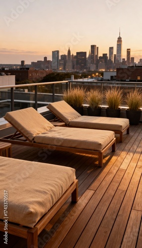 Wallpaper Mural Rooftop terrace with wooden deck chairs and skyline view at sunset
 Torontodigital.ca