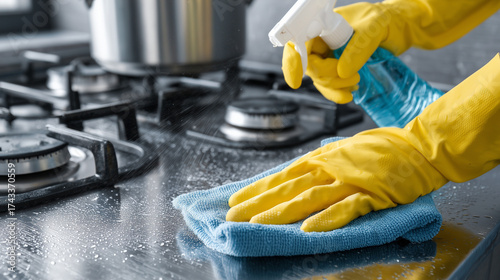 Close-up of a person cleaning a dirty gas stovetop. Hands in yellow rubber gloves use a spray bottle and a blue cloth to remove grease and food stains around the burners. 