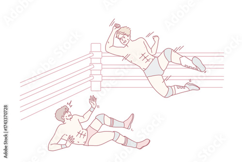 Aggressive men fighting on mma ring. Mad active athletes or sportsmen have no rules fight or battle. Vector illustration.