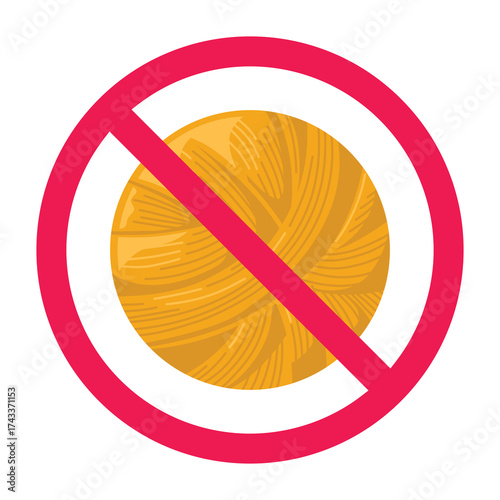 No thread sign, forbidden sign with yarn icon, do not use thread or yarn sign, red crossed circle, vector illustration