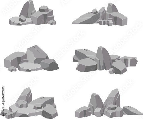 Stones and rocks in isometric flat style of different size