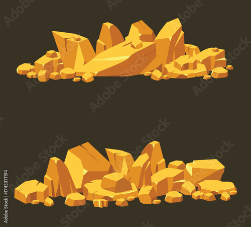 Gold mine nugget piles of different size game golden pile treasure isolated concept