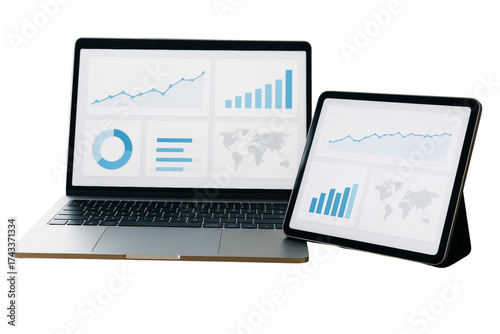 Laptop and tablet showing blue business graphs and charts, isolated style on clean white background. Concept of data analysis and marketing. Ai generative
