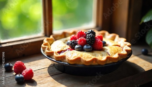 Homemade Berry Pie Cooling on Rustic Windowsill in Warm Summer Sunlight, Perfect for Picnic or BBQ