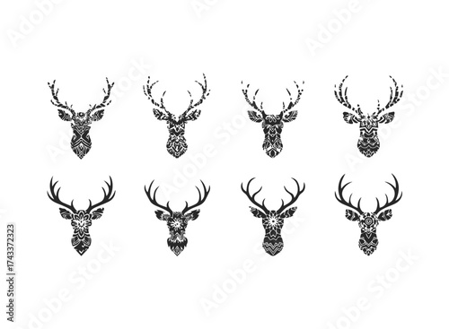 Ornate Deer Head Silhouettes with Intricate Mandala Patterns.