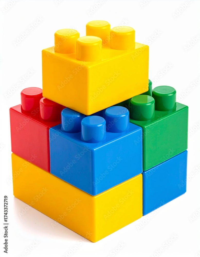 Obraz premium Close-up of Colorful Plastic Building Blocks on a White Background, Education and STEM Concept