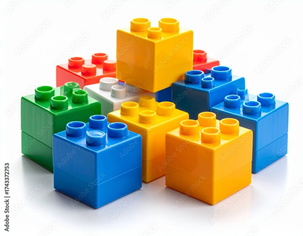 Obraz premium Close-up of Colorful Plastic Building Blocks on a White Background, Education and STEM Concept