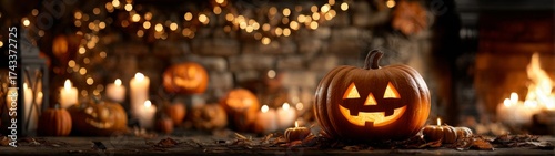 Cozy pumpkin nights: when fairy lights dance by the hearth. Epic poster. A cheerful pumpkin illuminated by gentle fairy lights on a fireplace. Promotional poster. Poster graphics.