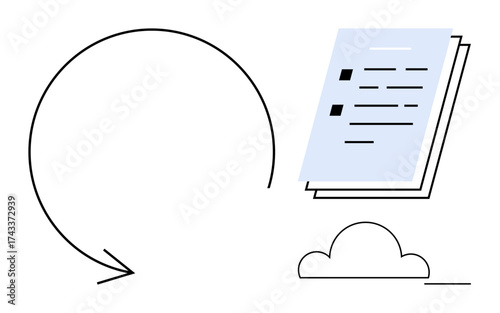 Circular arrow, stacked documents, cloud emphasize data synchronization, file sharing, efficient processing. Ideal for technology, workflow, cloud storage, organization file sharing data
