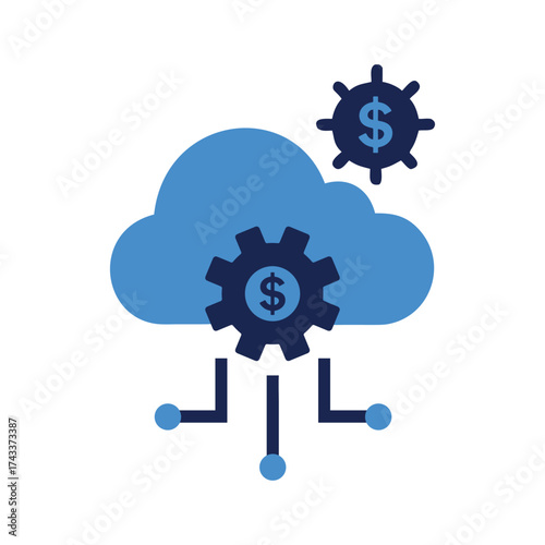 Blue cloud with gear and dollar sign icon on white background money